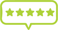 Five stars in a speech bubble, reputation icon