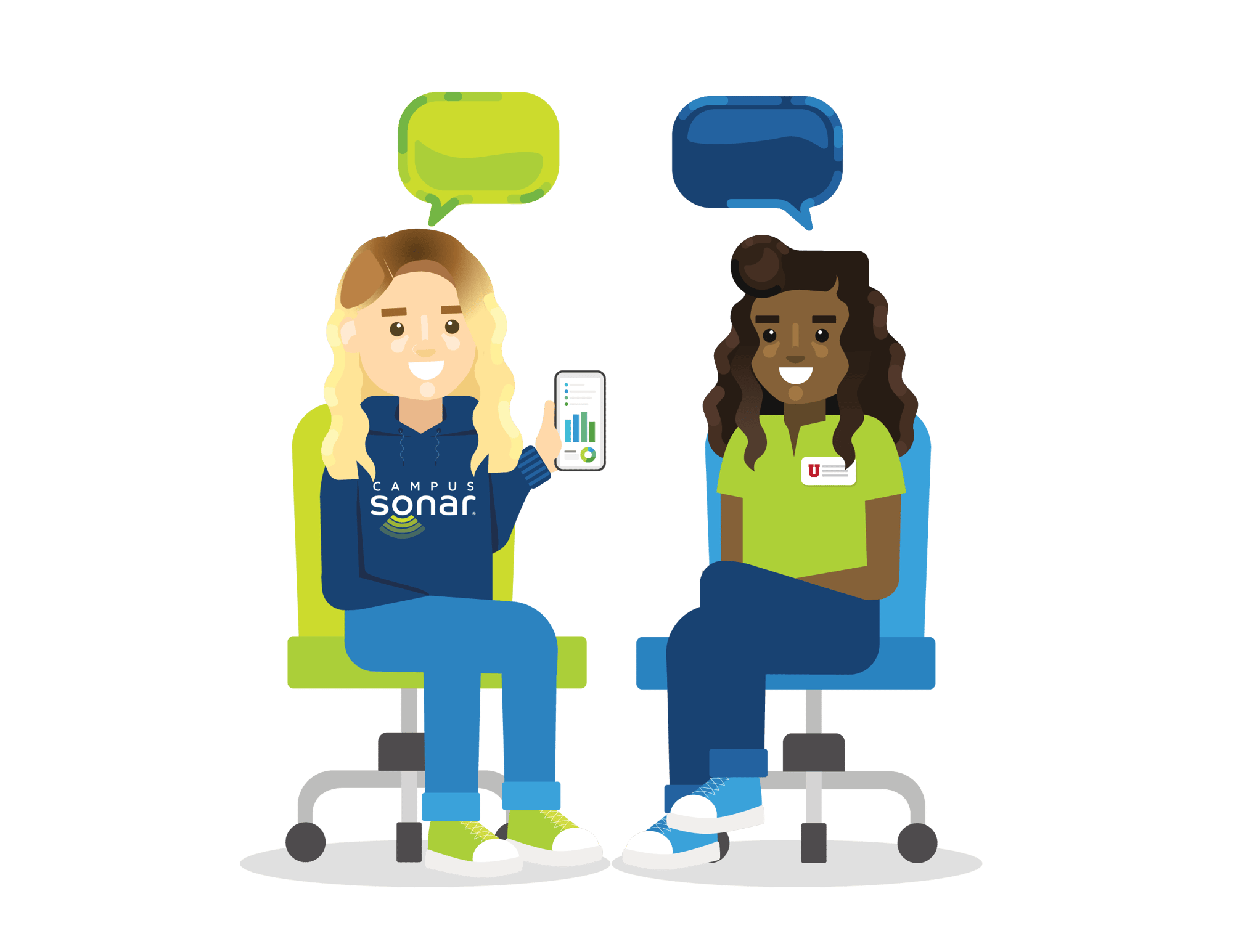 One woman from Campus Sonar holding a mobile phone with a graph and one woman from a campus sitting in office chairs facing each other with speech bubbles