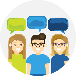 Three people (woman, man, woman) chatting with speech bubbles over their heads
