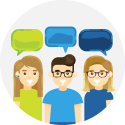 Three people (woman, man, woman) chatting with speech bubbles over their heads Three people (woman, man, woman) chatting with speech bubbles over their heads