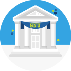 Standard campus building with a banner across the top "SNU" Standard campus building with a banner across the top "SNU"