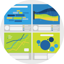 Four colorful dashboards in a square with various charts and graphs Four colorful dashboards in a square with various charts and graphs