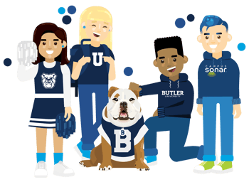 Campus Sonar team member with three higher ed professionals from Butler University dressed in school spirit wear, includes their campus mascot