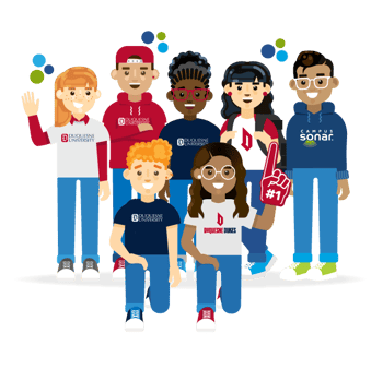 Campus Sonar team member with higher ed professionals and students from Duquesne University dressed in school spirit wear Campus Sonar team member with higher ed professionals and students from Duquesne University dressed in school spirit wear