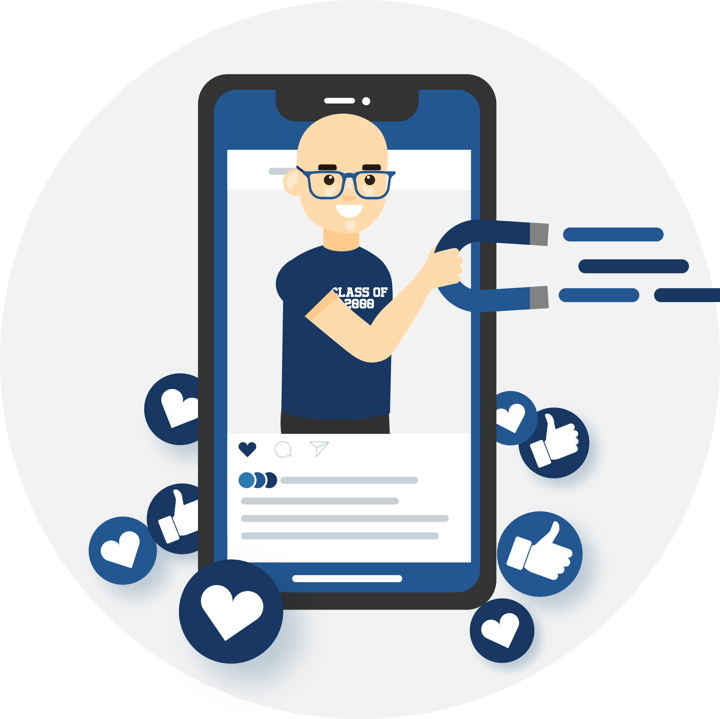 Illustration of a mobile phone with an alumni influencer holding a magnet. Illustration of a mobile phone with an alumni influencer holding a magnet.