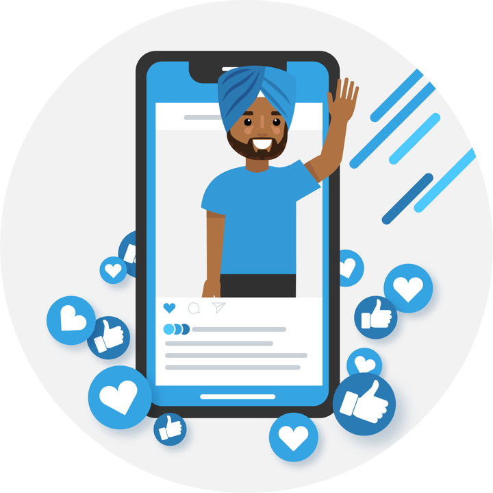 Illustration of a mobile phone with a community influencer waving. Illustration of a mobile phone with a community influencer waving.