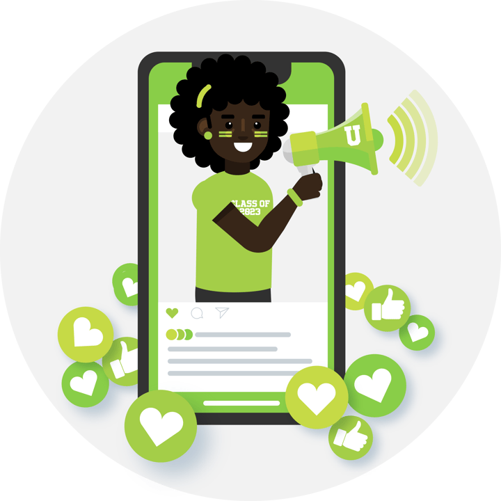 Illustration of a mobile phone with a student influencer using a megaphone. Illustration of a mobile phone with a student influencer using a megaphone.