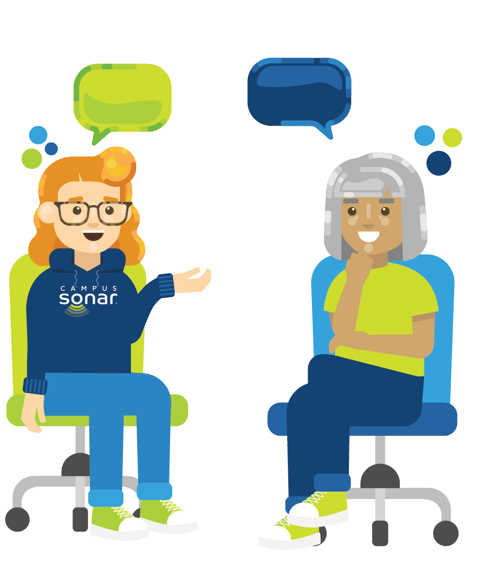 Woman with a Campus Sonar sweatshirt sitting in an office chair, talking to another woman sitting in an office chair, both have speech bubbles Woman with a Campus Sonar sweatshirt sitting in an office chair, talking to another woman sitting in an office chair, both have speech bubbles