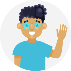 Male student waving with blue colored stars for eyes to signify target audience Male student waving with blue colored stars for eyes to signify target audience