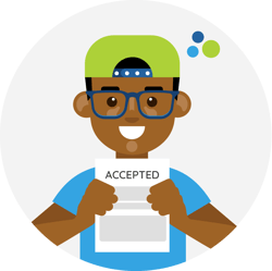 Student with a backwards baseball cap and glasses holding up a letter that reads 