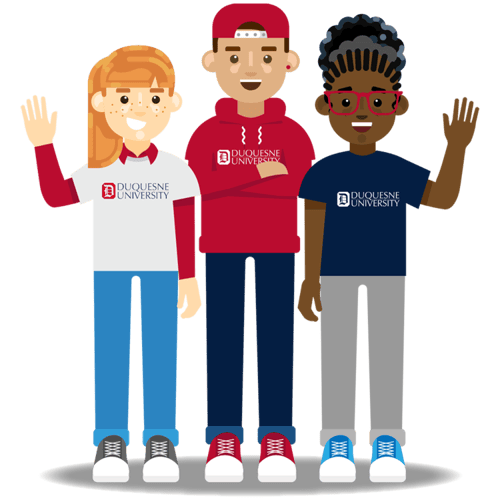 Duquesne University students in campus gear Duquesne University students in campus gear