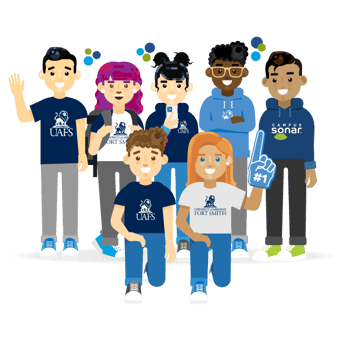 Campus Sonar team member with higher ed professionals and students from University of Arkansas-Fort Smith dressed in school spirit wear