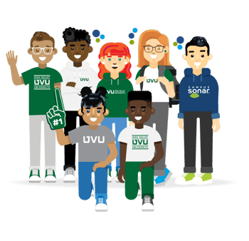 Campus Sonar team member with higher ed professionals and students from Utah Valley University dressed in school spirit wear