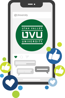 Cell phone with the UVU logo and social media icons surrounding it