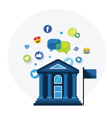 A collection of social media icons and emojis surrounding an illustration of a campus building