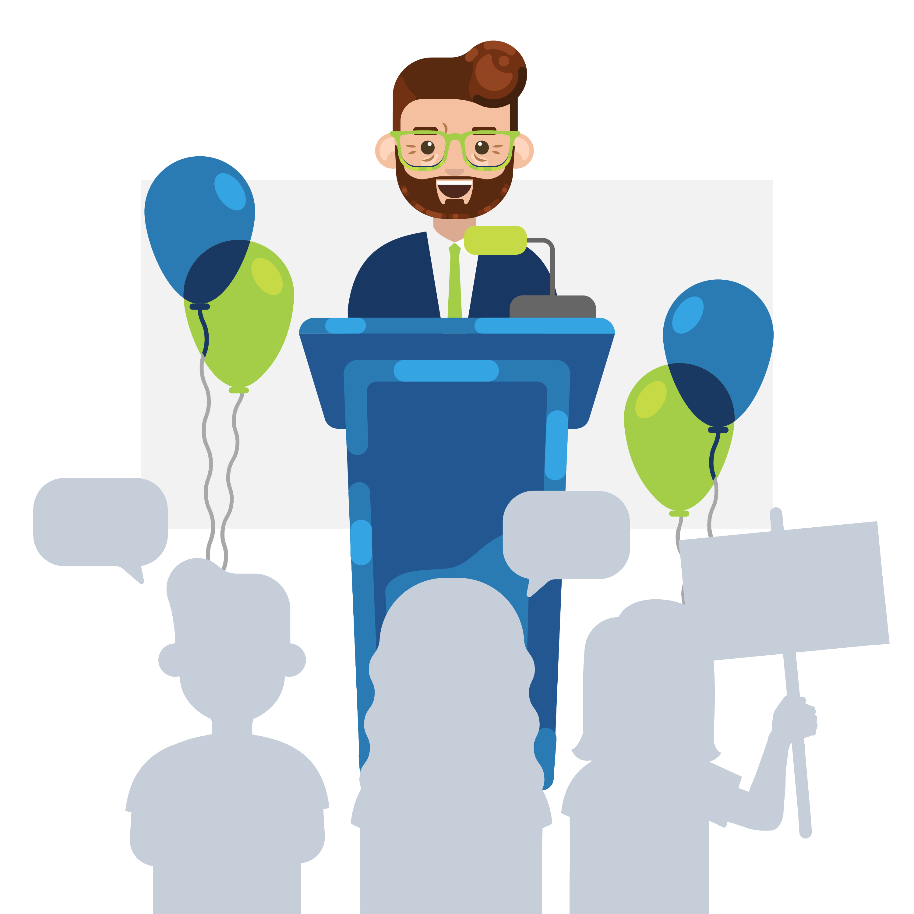 Man standing at a podium with balloons and an audience in front of him