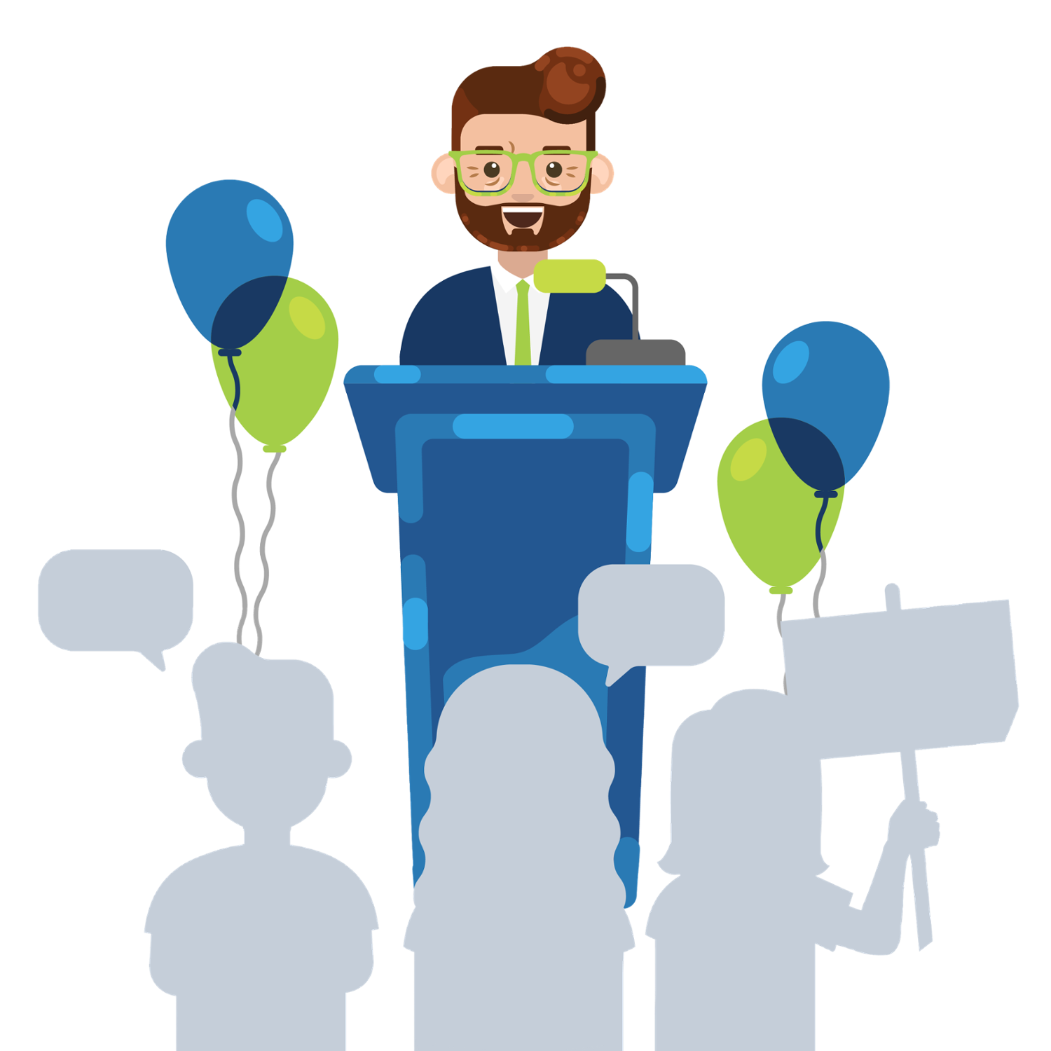 Man standing at a podium with balloons and an audience in front of him