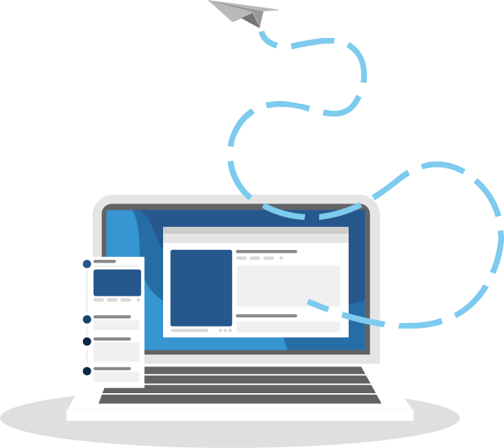 Laptop screen with a page pulled up and a mobile screen beside it with an arrow coming out of the screen ending in a paper airplane Laptop screen with a page pulled up and a mobile screen beside it with an arrow coming out of the screen ending in a paper airplane