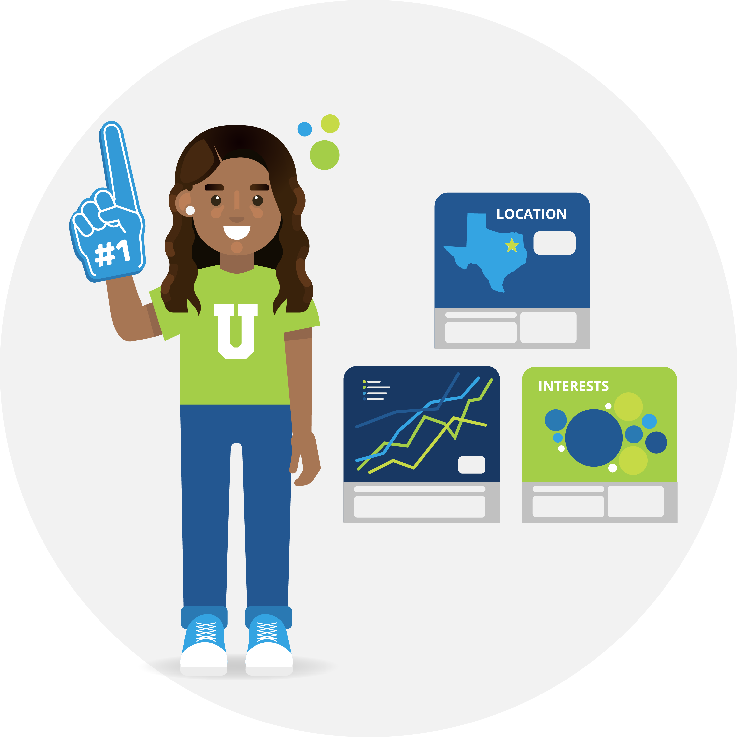 Illustration of a university student showing pride along with graphs and charts indicating data insights. Illustration of a university student showing pride along with graphs and charts indicating data insights.