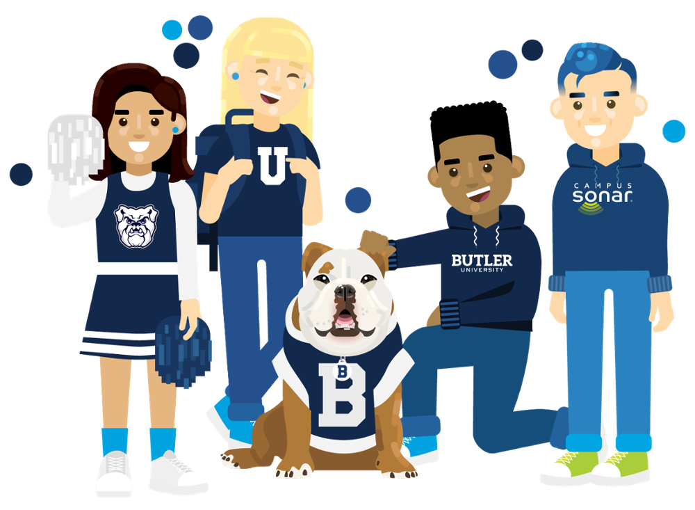 Butler University students and a Campus Sonar person standing next to the Butler Blue dog