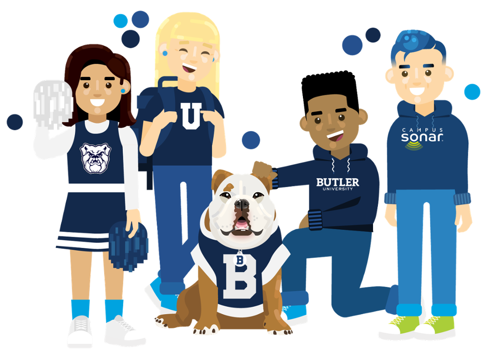 Butler University students and a Campus Sonar person standing next to the Butler Blue dog Butler University students and a Campus Sonar person standing next to the Butler Blue dog