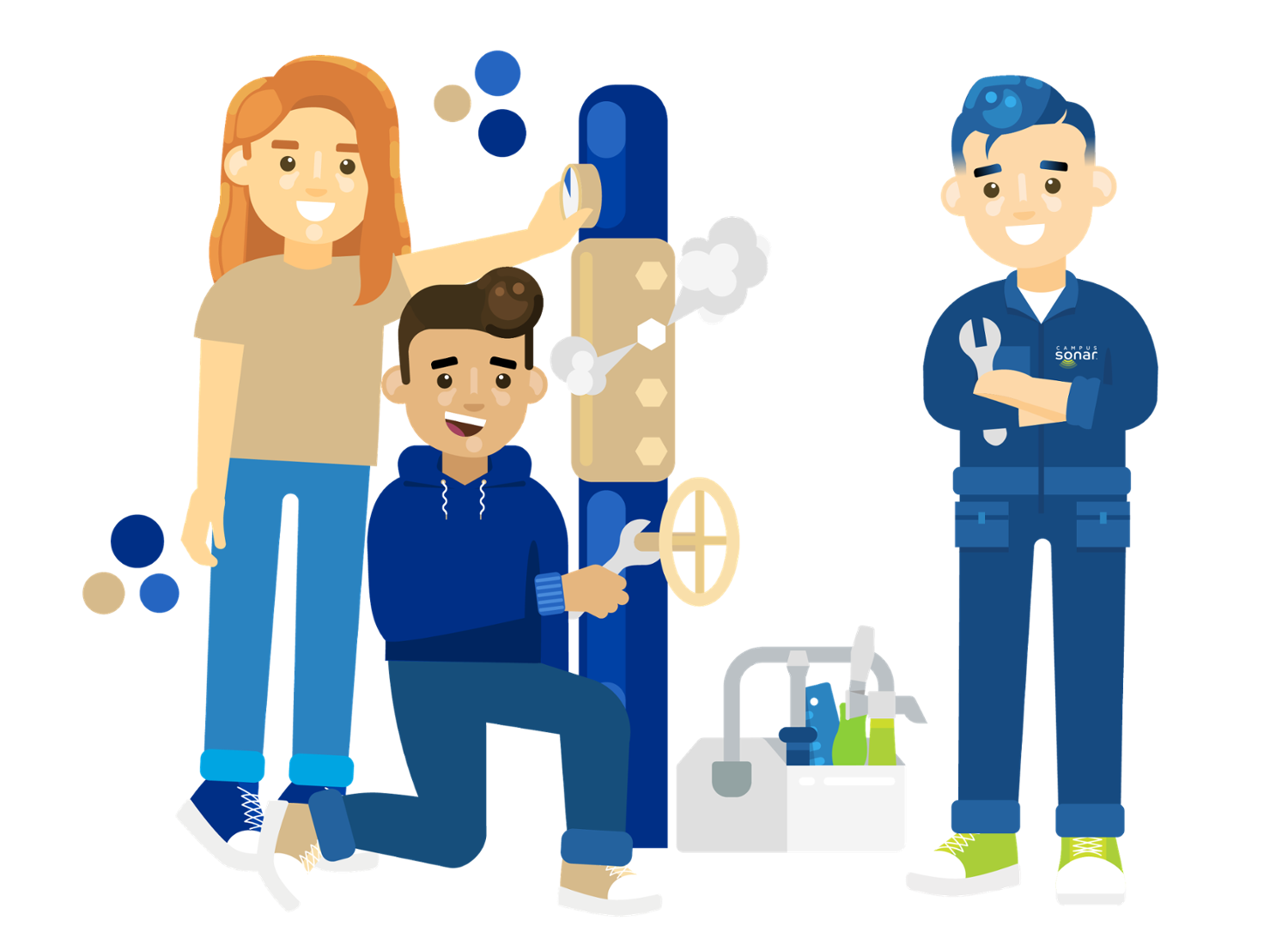 Two higher ed professionals fixing an emergency on a pipe standing next to someone from Campus Sonar with a toolbox between them Two higher ed professionals fixing an emergency on a pipe standing next to someone from Campus Sonar with a toolbox between them