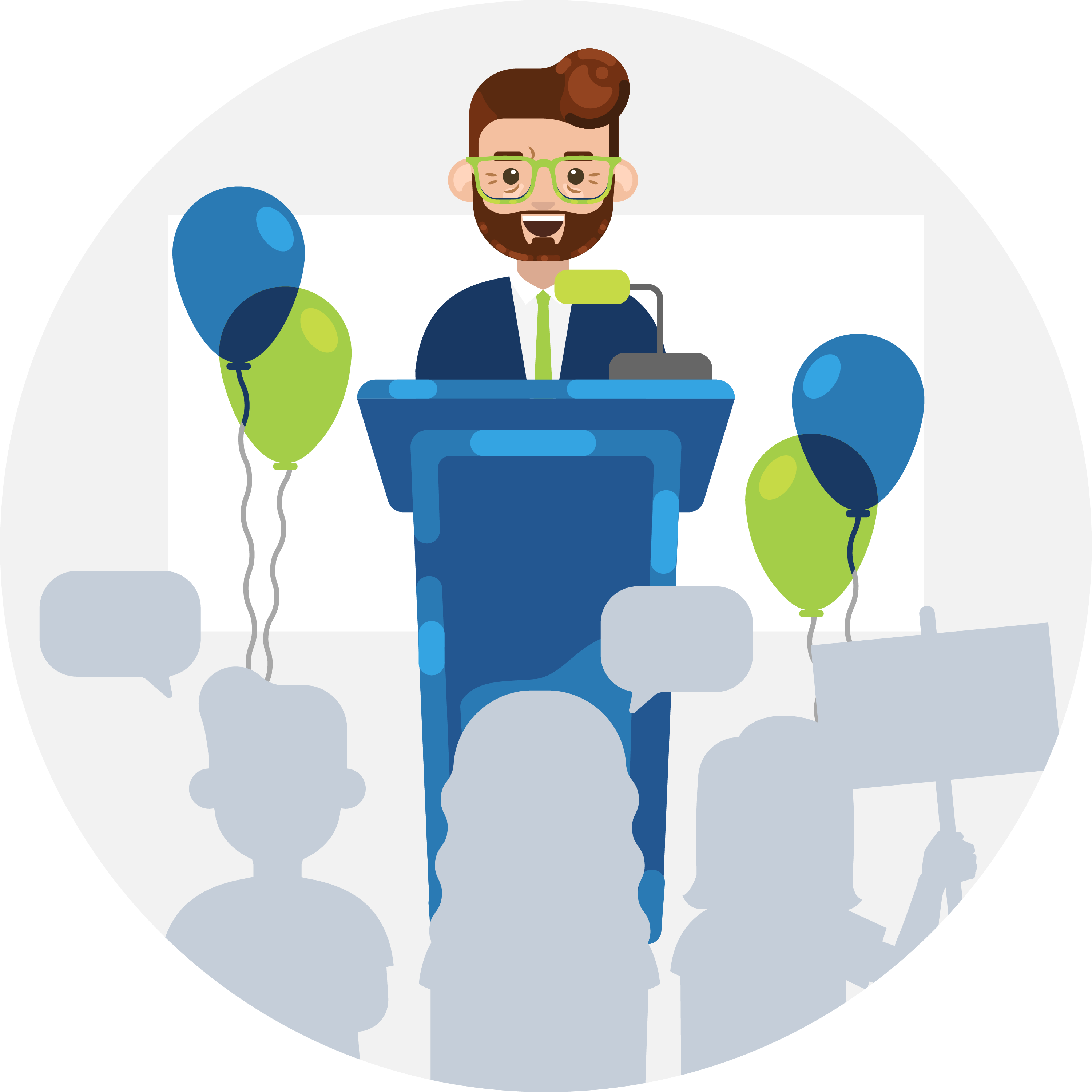 Illustration of a high profile speaker standing at a podium with balloons and crowd in background. Illustration of a high profile speaker standing at a podium with balloons and crowd in background.