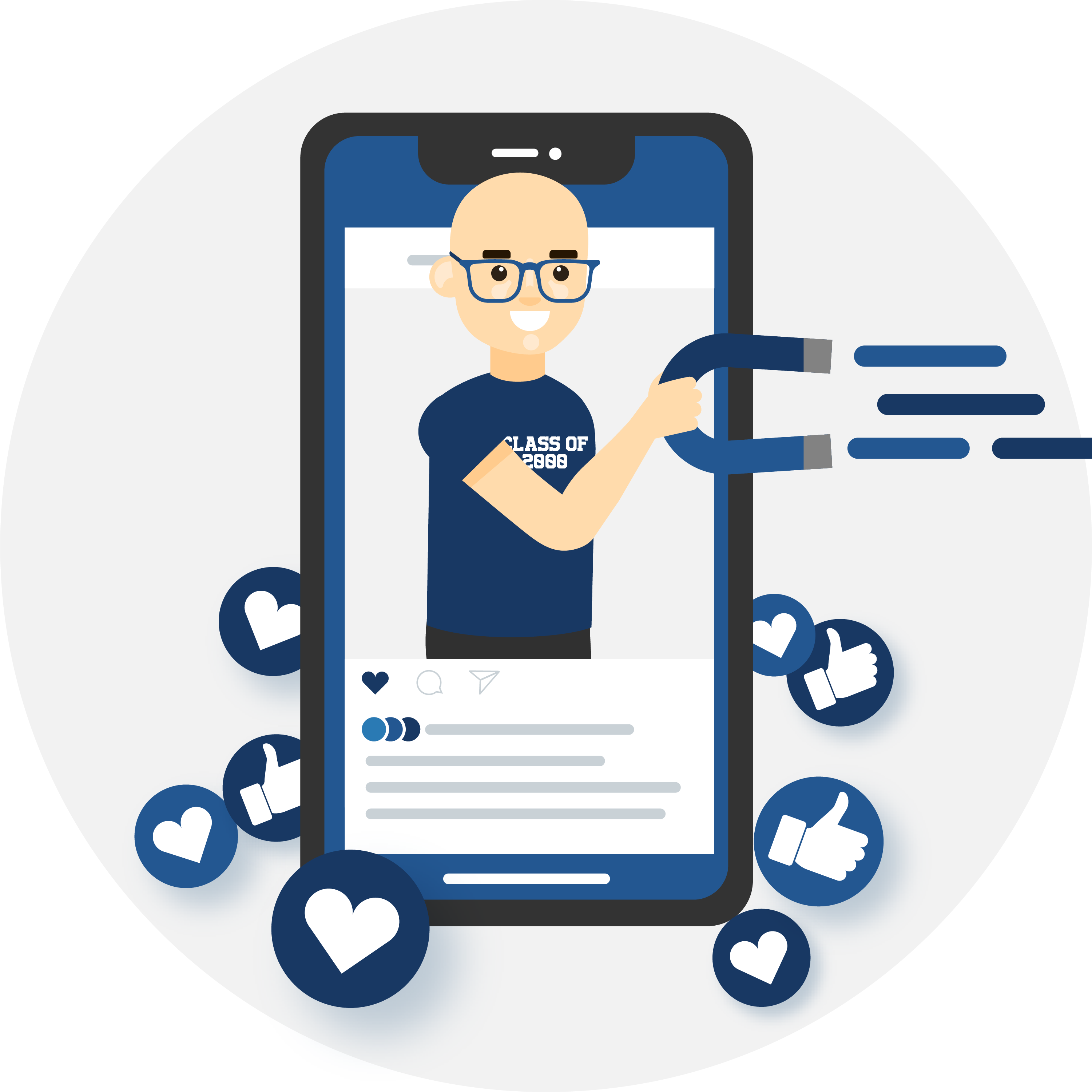 Illustration of a mobile phone with an alumni influencer holding a magnet. Illustration of a mobile phone with an alumni influencer holding a magnet.