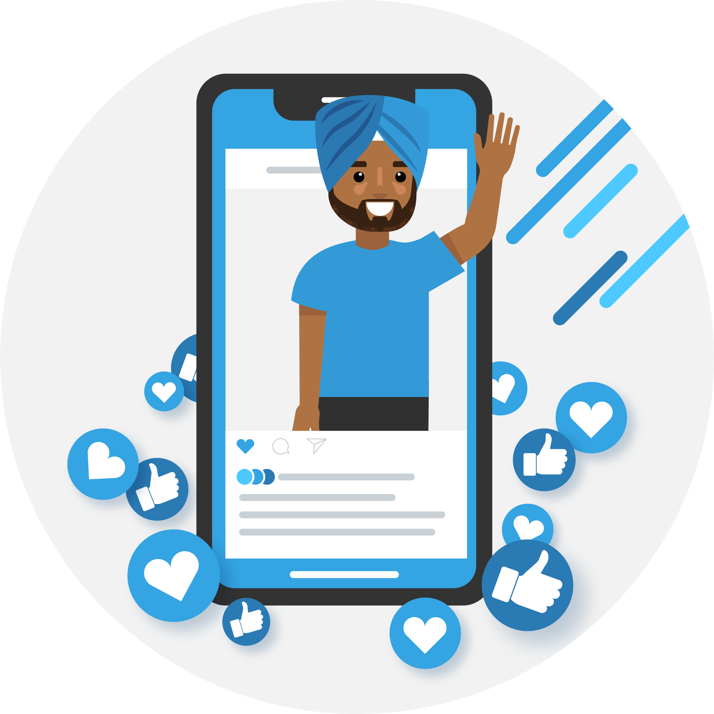 Illustration of a mobile phone with a community influencer waving. Illustration of a mobile phone with a community influencer waving.