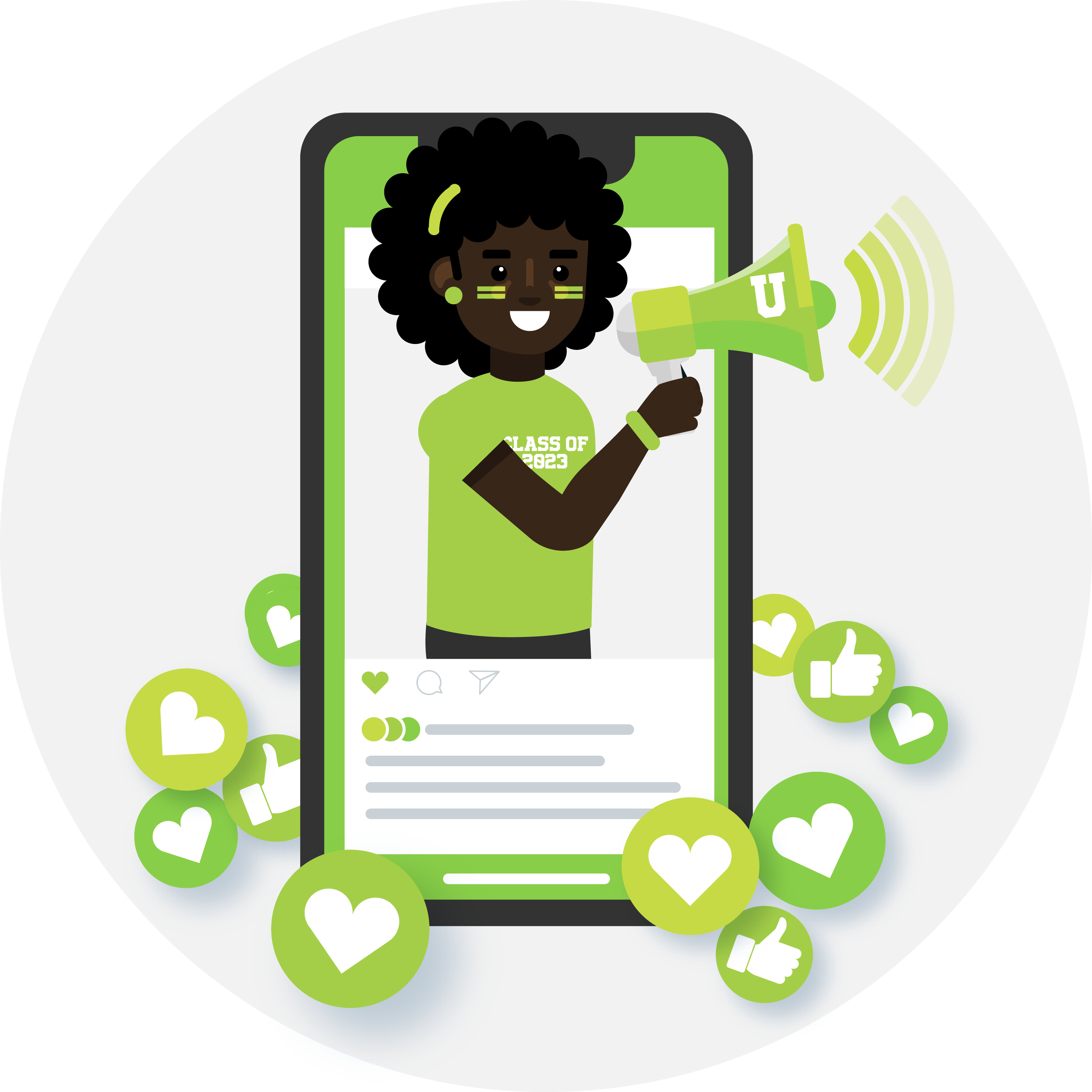 Illustration of a mobile phone with a student influencer using a megaphone. Illustration of a mobile phone with a student influencer using a megaphone.
