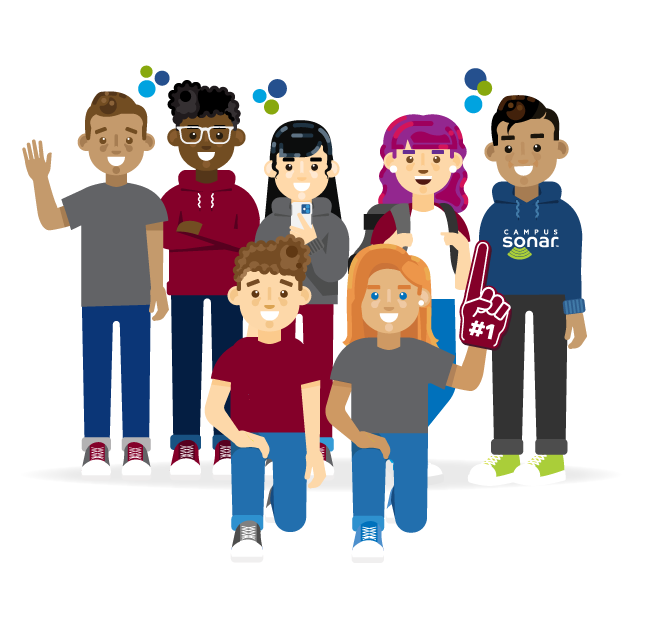 Group of higher ed professionals and student with a Campus Sonar team member Group of higher ed professionals and student with a Campus Sonar team member