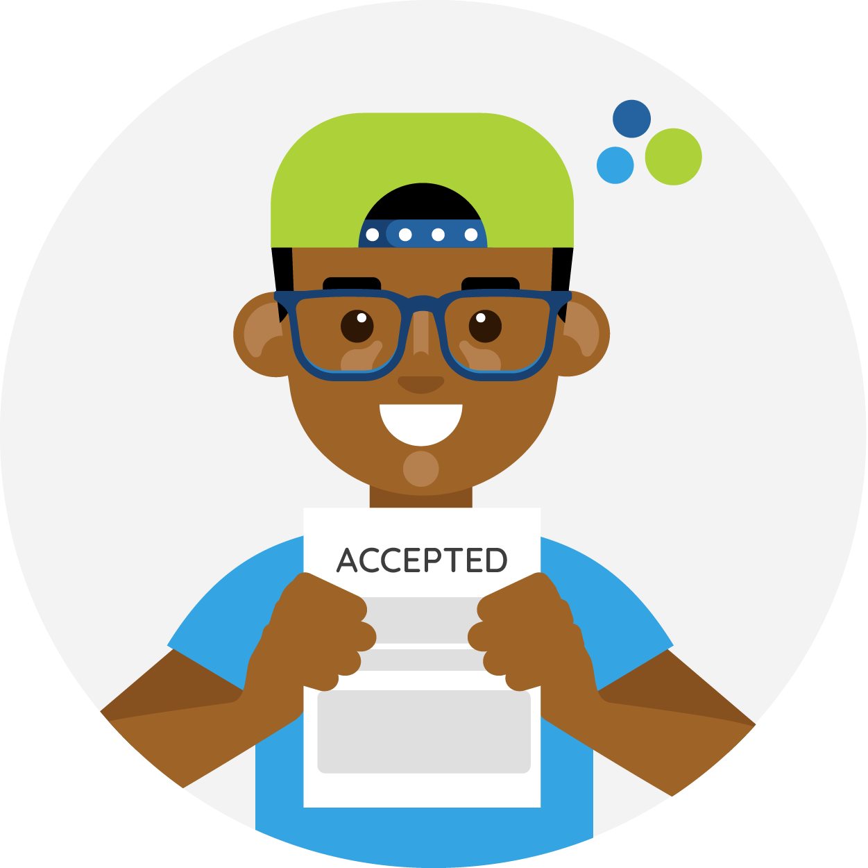 Student with a backwards baseball cap and glasses holding up a letter that reads "accepted" Student with a backwards baseball cap and glasses holding up a letter that reads "accepted"