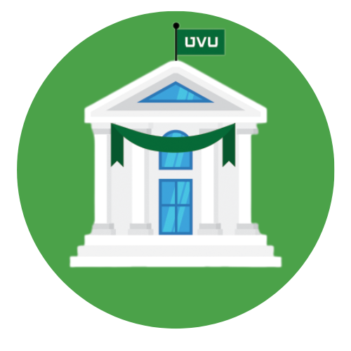 Campus building with UVU flag on a green background Campus building with UVU flag on a green background