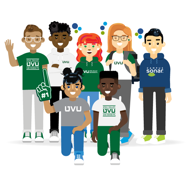 A group of Utah Valley University students and higher ed professionals along with a Campus Sonar team member A group of Utah Valley University students and higher ed professionals along with a Campus Sonar team member